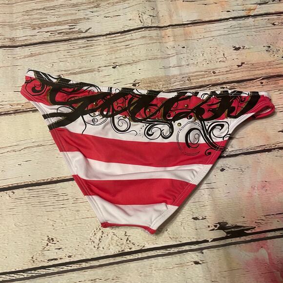 Guess Bikini Bottom Womens Medium Pink White Stripe Graphic Swim Beach Pool - Picture 3 of 6